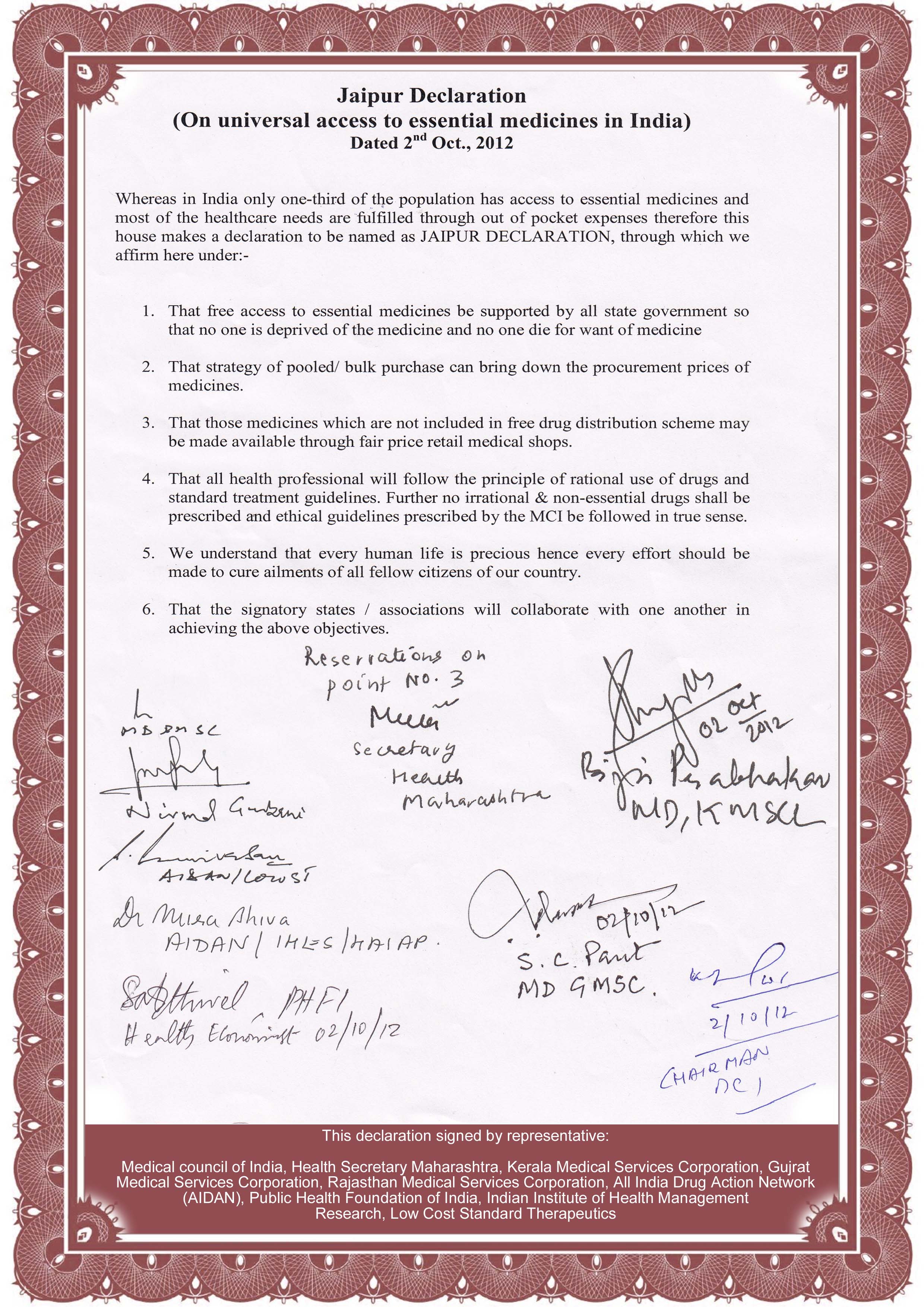 Jaipur Declaration Disclaimer